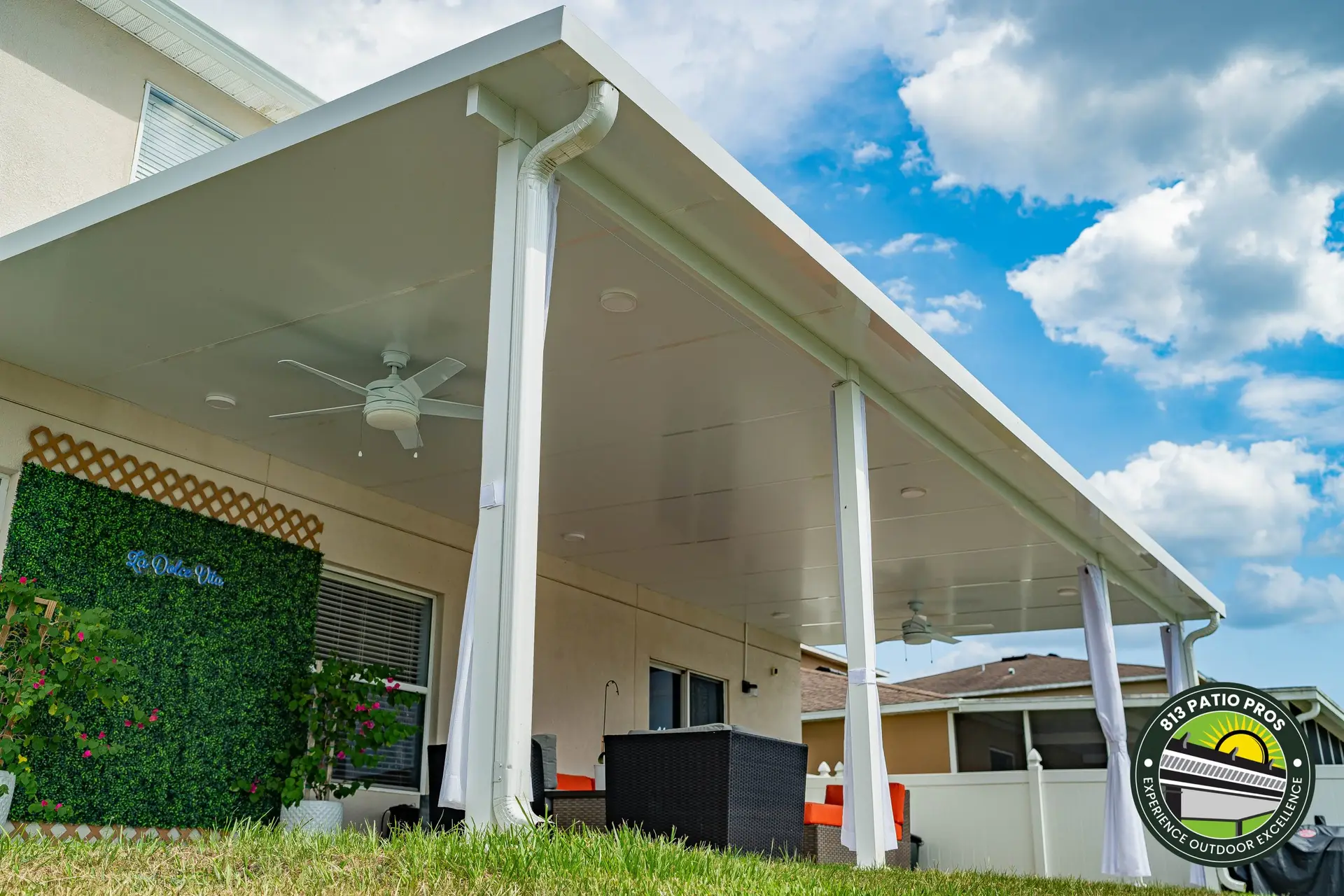 backyard with a beautiful patio cover in tampa